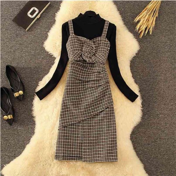 

two piece set women solid knitted bottoming and chic kink design ruched irregular bodycon plaid sling dress suit 210602, White