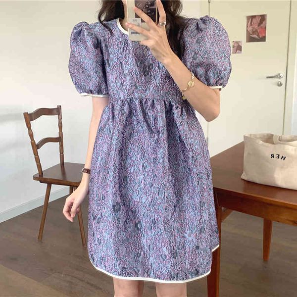 

fashion casual elegant romantic purple round neck back belt jacquard loose puff sleeve dress female gentle 16f1119 210510, Black;gray