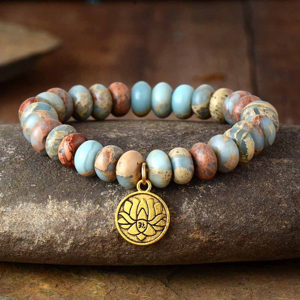 

high end women stretchy bracelets 10mm imperial japser lotus charm elastic natural stone yoga jewelry wholesale a+++++ a, Golden;silver