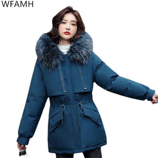 

women's down & parkas 2021 winter style loose fashion slim thick hooded fur collar mid-length cotton jacket women pure color casual, Black