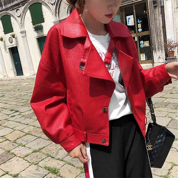 

ladies red leather jackets spring autumn loose batwing sleeved short coat biker moto style basic balck 210602, Black