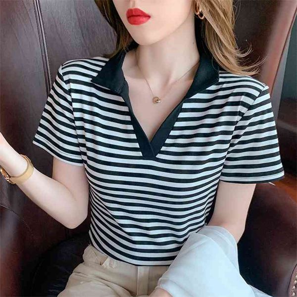 Fashion Stripe Stand Collar Tops Mulheres Casual Manga Curta Tees Verão V-Pescoço Mulher T-shirt Todas as roupas de Neon Store 210507