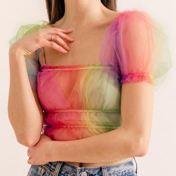 

mesh perspective colorful blouses square neck puff short sleeve t shirt women fashion streetwear haut femme, White