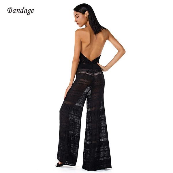 

women's jumpsuits & rompers pink black halter backless women bandage sleeveless fashion long stretch rayon nightclub party jumsuits ver, Black;white