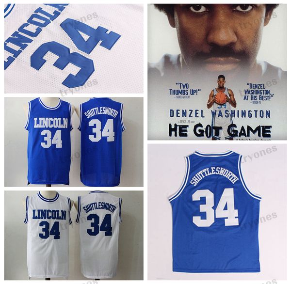 

mens #34 jesus shuttlesworth lincoln high school ray allen basketball jerseys 1998 film he got game jersey blue white red stitched shirts, Black