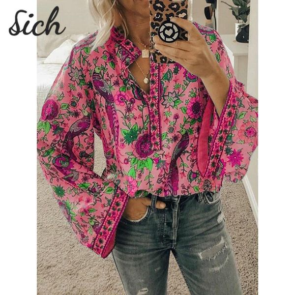 

women's blouses & shirts female loose boho blouse elegant oversized chic peacock floral print full sleeve ladies clothing 5xl, White