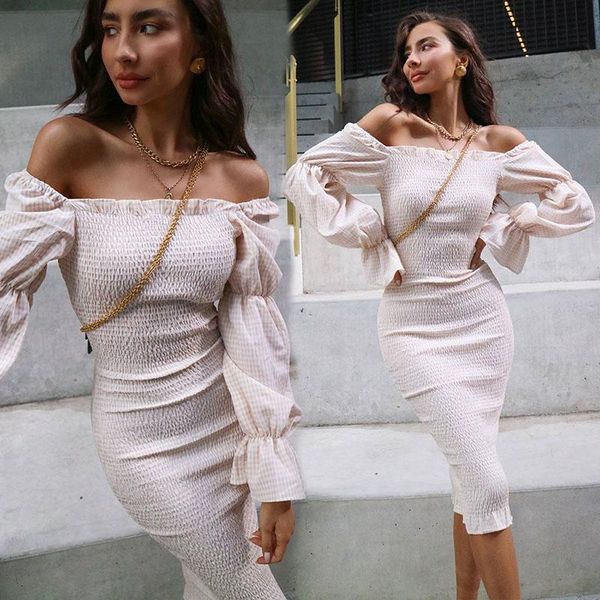 

fashion square collar long puff sleeve ruched dress female pencil dresses slim casual midi elastic, Black;gray