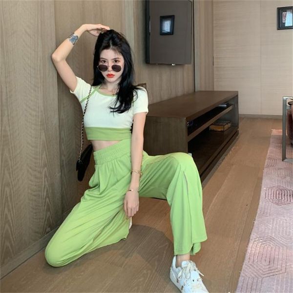 

summer split wide leg straight pants +short sleeve tee 2 pieces high waist casual streetwear trouser sets women suits 210519, White