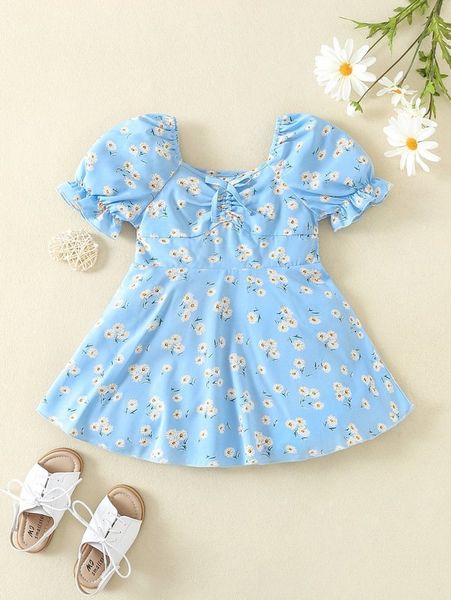 

baby ditsy floral drawstring front puff sleeve dress she, Red;yellow