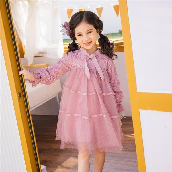 

skirts spring girls princess dress full sleeve bow tie baby dresses mesh patchwork polka dot children clothes 4-13t1, Blue