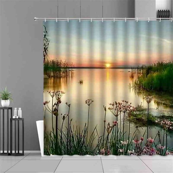 Sonnenuntergang Dämmerung Fluss Landschaft Duschvorhang Pflanze Blume Baum Wald Wasserfall Frühling Sommer Landschaft Home Decor Badezimmer Vorhänge 210609