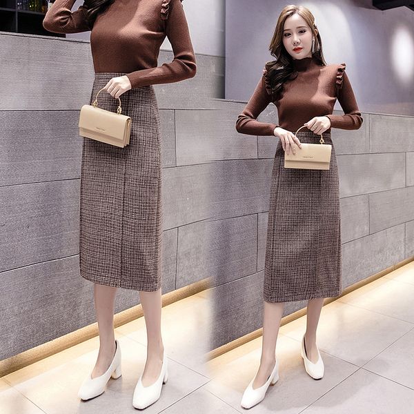 

skirts wool skirt 2021 autumn winter high waist plaid buttock wrapped woolen long a-line skirt medium length, Black
