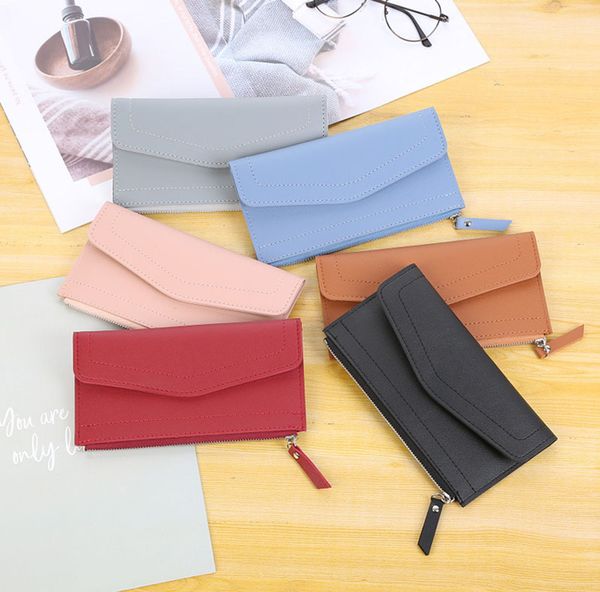 

new fashion simple pu leather zipper envelope ladies wallet mid-length large capacity women's multi card case wallet, Red;black