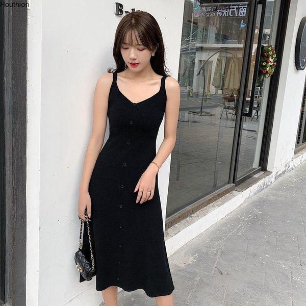 

casual dresses houthion women's dress solid color buttons v-neck comfortable fashion sleeveless korean summer, Black;gray