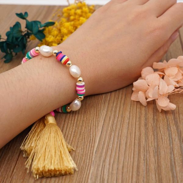 

beaded, strands bracelet for women polymer clay beads tassel bracelets summer beach freshwater baroque pearl jewelry, Black