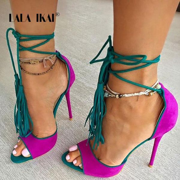 

gladiator sandals women high heels tassel party shoes summer ankle strap mixed color ladies sandalie female 014c3559-3, Black