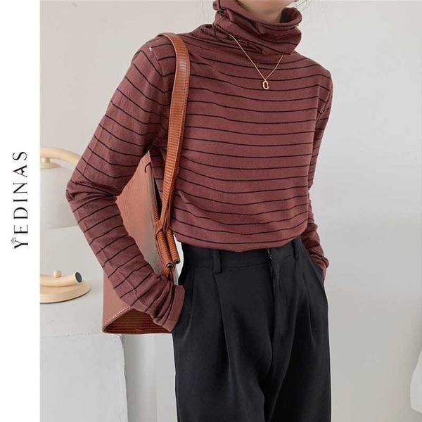 

yedinas spring women's turtleneck slim fit knitted sweater striped korean style knit female thin basic pullover 210527, White;black