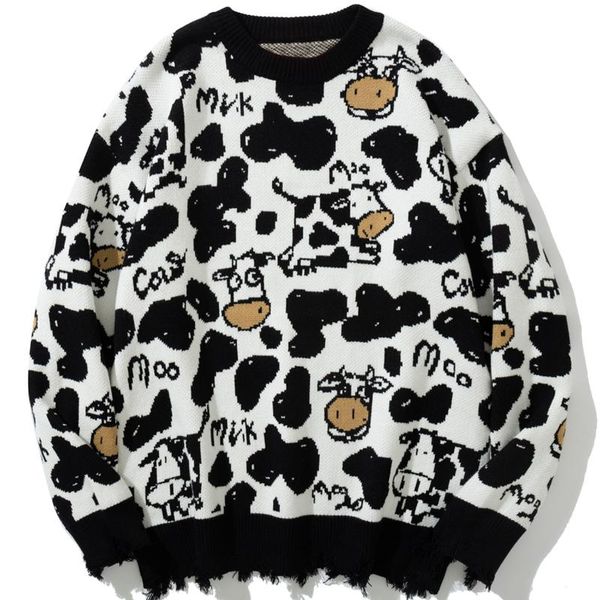 

men's sweaters lacible harajuku hip hop streetwear men cartoon cow knitted jumpers loose casual sweater pullover knitwear autumn, White;black