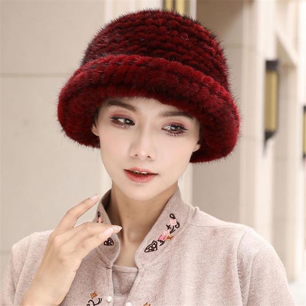 

wide brim hats 2021 fashion mink hat hand knitted 100% real winter warm lady, Blue;gray