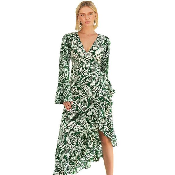 

casual dresses 2021 pattern autumn printing v lead long sleeve chalaza dress on vacation irregular make a slit or vent longuette woman, Black;gray