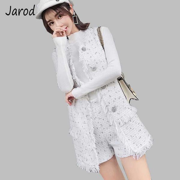 

autumn women 2 piece set tweed tassels short diamonds button sleeveless vest long jacket coat + pant suit 210526, White