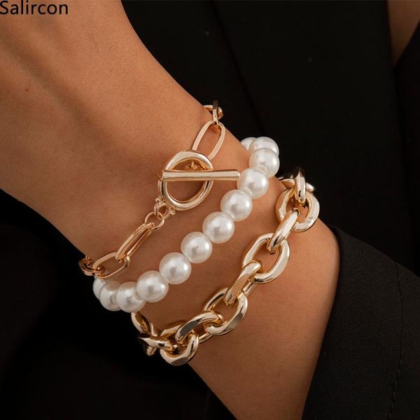 

link, chain punk multi layer chunky thick link bracelets for women elegant imitation pearls charm bracelet toggle clasp jewelry gifts, Black