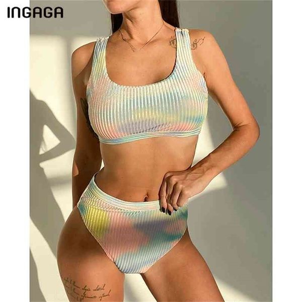 Ingaga push Up Bikinis Женские купальники Высокая талия Бикини Сексуальная галстука Красивые Купальники Вырезать Купающие Костюмы Ребристая пляжная одежда 210702