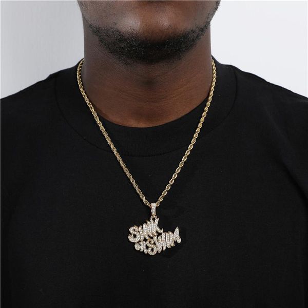 

pendant necklaces hip hop bling iced out cubic zirconia stone letter sink or swim necklace pendants men tennis chain charm jewelry with soli, Silver