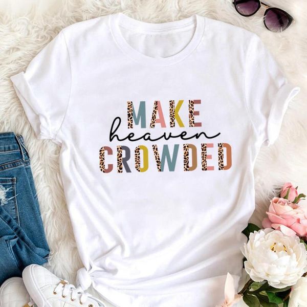 

women's t-shirt make heaven crowded leopard print 100%cotton women tshirt christian shirt faith funny summer casual short sleeve top, White
