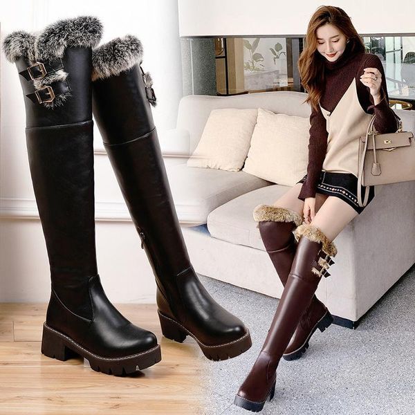 

boots chunky platform leather knee high women punk height increase padded long botas mujer 2021, Black
