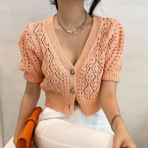 

women's knits & tees korean chic summer gentle orange white v-neck three button puff sleeve hollow short knit sweater women