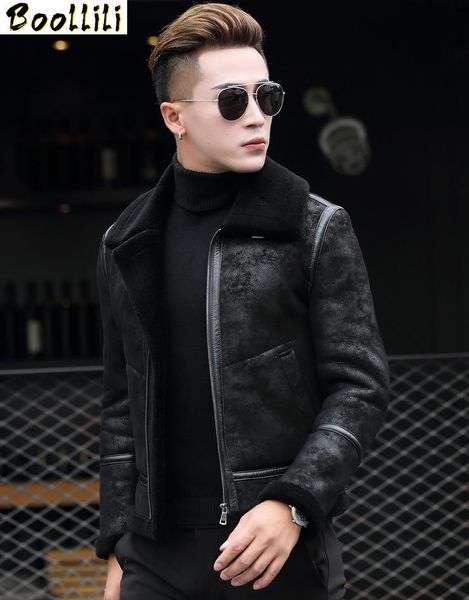 

men's leather & faux boollili genuine jacket real pure natural wool fur coat winter men sheepskin jackets, Black