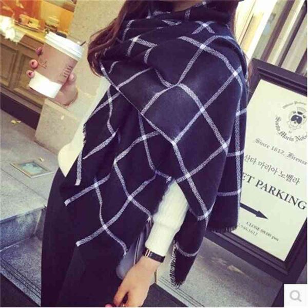 

versatile practical black-and-white plaid raw scarf shawl ziz5, Blue;gray