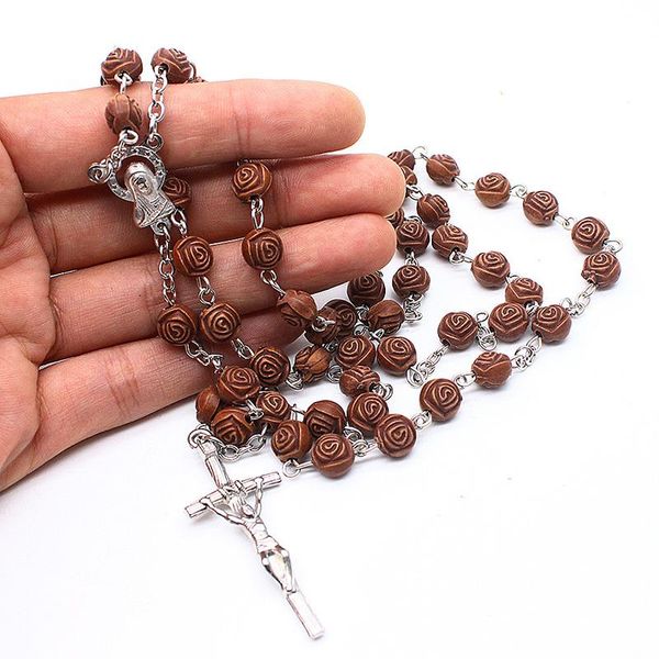

pendant necklaces vintage imitation wood rosary bead necklace christ jesus cross for women religious catholic prayer jewelry gifts, Silver