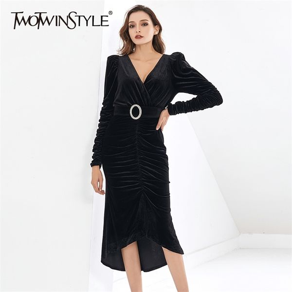 

black slim velour dress for women v neck long sleeve high waist with sashes midi dresses female fashion clothes 210520, Black;gray