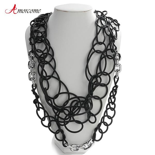 

pendant necklaces amorcome black silicone rubber choker loop fashion statement leather rope short neck collar for women unusual jewelry, Silver