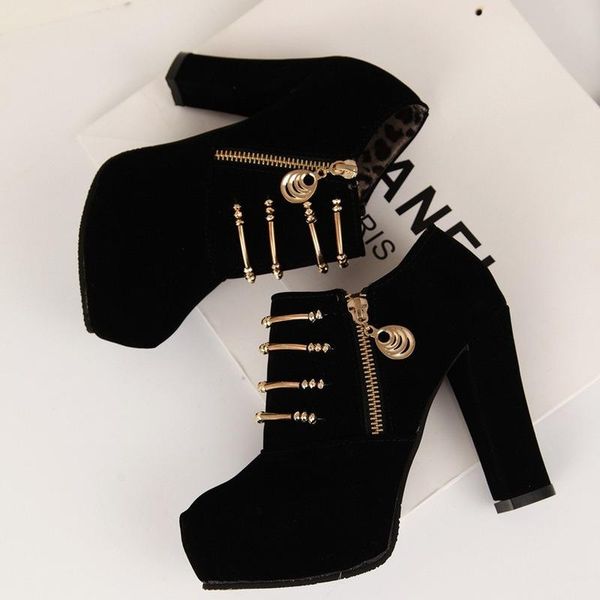 

boots european and american thick heel gold fringed short women fashion high solid color casual single, Black