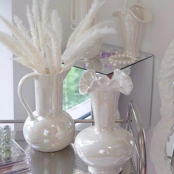 

vases ins pearl brilliance dreamy white wave mouth ceramic vase artist home decoration ornaments
