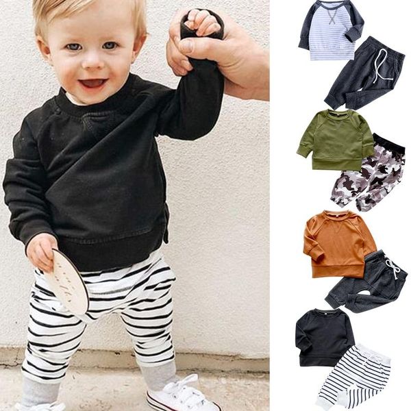 

clothing sets 2021 toddler baby boy girl clothes long sleeve solid camouflage stripe pants outfits two pieces set bebes, White