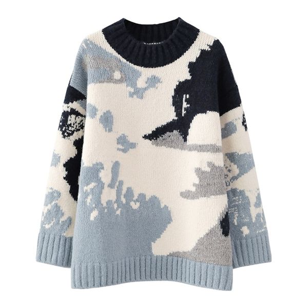 

women sweater crew neck oversize knitted pullovers long sleeve tie dyeing winter m0180 210514, White;black