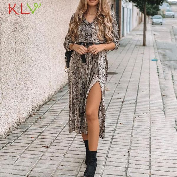 

casual dresses chiffon dress long sleeve snake skin print maxi side split leg elegant korean summer women clothes vestidos 20mar, Black;gray