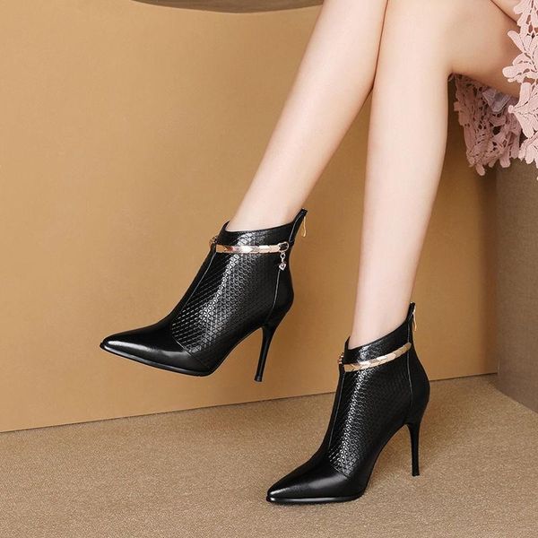 

boots women pointed toe super high heels ankle autumn winter warm short plush booties, Black
