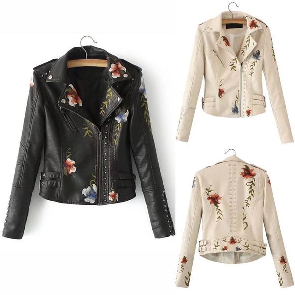 

women's jackets jacket women casual long sleeve embroidered studded zipper slim leather autumn chaquetas mujer q98h, Black;brown