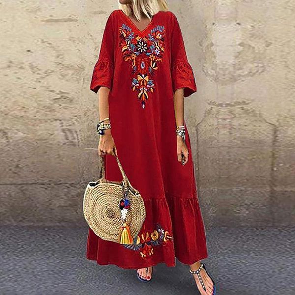 

ethnic clothing 2021 summer women plus size 5xl v-neck long maxi dress elegant print linen boho vestidos robe white female loose dresse, Red