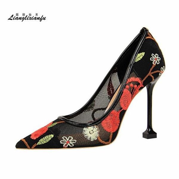 

lace shoes woman pointed toe ladies wedding stiletto 10cm thin heel nightclub stage performance pumps size:34-38 39 dress, Black
