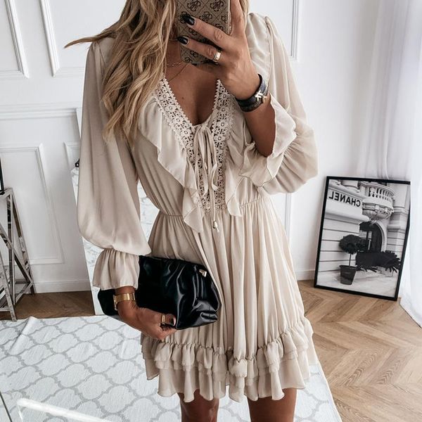 

casual dresses ladies lace patchwork ruffle dress women elegant v neck flare sleeve party autumn female lace-up mini vestidos, Black;gray