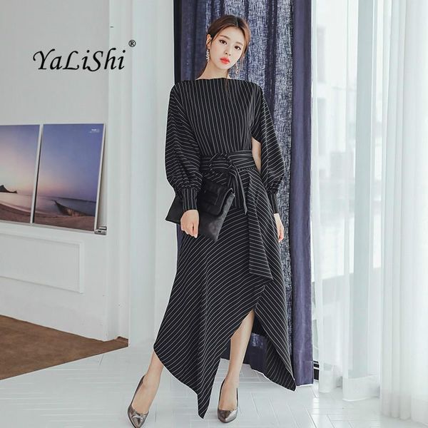 

casual dresses autumn plus size striped asymmetrical dress 2021 women black puff sleeve o-neck gothic vintage office party ladies, Black;gray