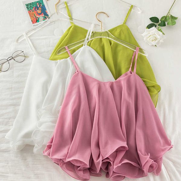 

sling women's summer outer wear bottoming ruffled sleeveless chiffon shirt short women 210709, White