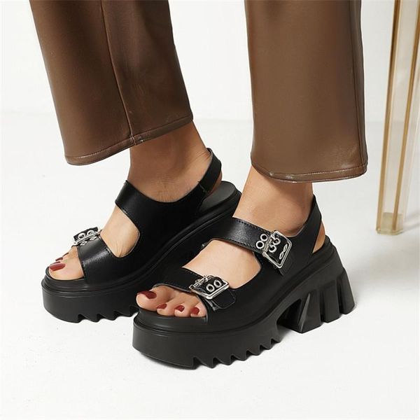 

sandals pxelena drop ship plus size 35-43 street punk rock gothic women buckle chunky block high heels platform creepers shoes, Black