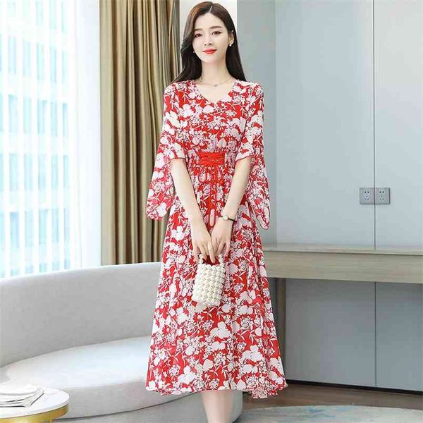 French First Love Style Lotus Leaf Sleeve Stamping Summer The Temperament Chiffon Dress Abito da sera Long Luxury 210507